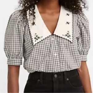 Levi's Royce Collar Black and White Plaid Checker Blouse Top, L